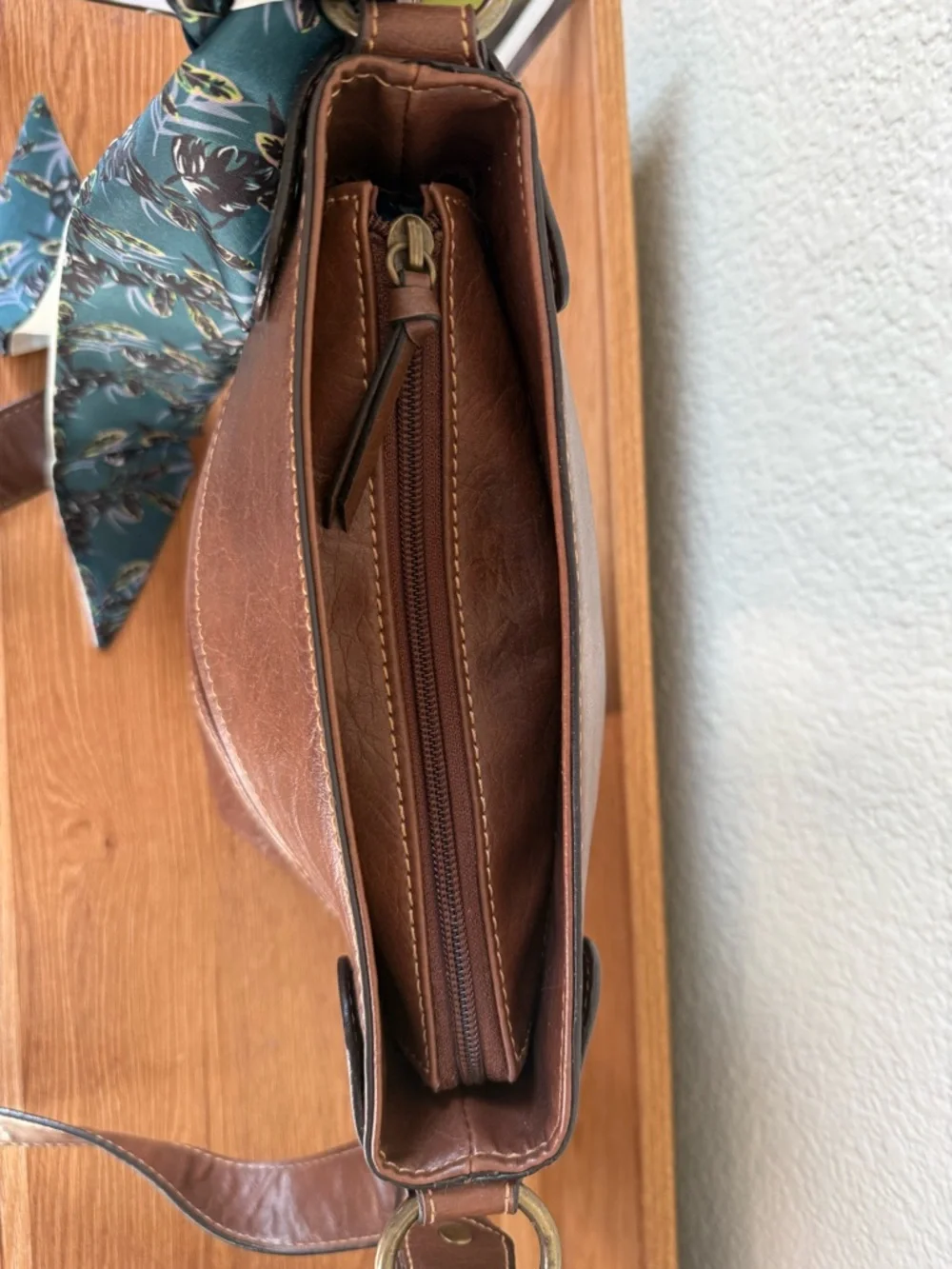 Liz Claiborne Brown Leather Crossbody with Teal Scarf Accent
